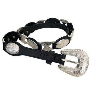 TONY LAMA Black Leather Silver Concho Belt Western Boho Size 30 VINTAGE Cowgirl